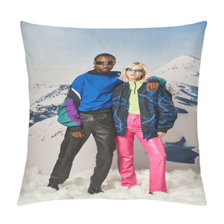 Personality  Stylish Multiracial Couple Hugging And Posing With Snowy Mountain Backdrop, Winter Concept Pillow Covers