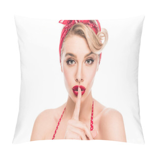 Personality  Portrait Of Attractive Pin Up Woman Doing Shush Gesture And Looking At Camera Isolated On White Pillow Covers