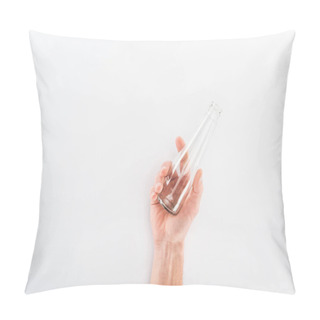 Personality  Cropped View Of Man Holding Empty Glass Bottle On Grey Background Pillow Covers