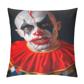 Personality Portrait Of Mad Bloody Clown, Face In Blood. Man With Makeup In Halloween Costume, Crazy Maniac  Pillow Covers