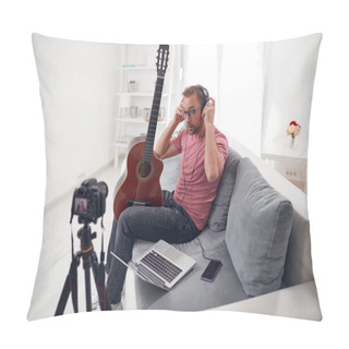 Personality  Guitarist Making Video Lessons And Tutorials For Internet Vlog Website Classes. Pillow Covers