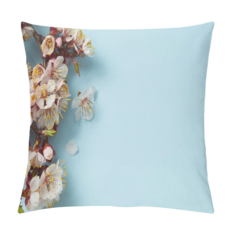Personality  top view of tree branch with blossoming spring flowers on blue background pillow covers