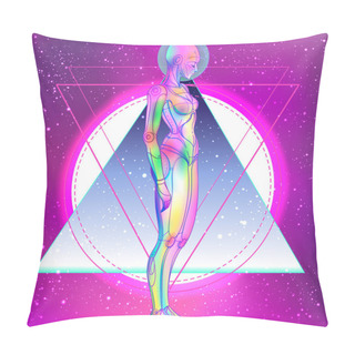 Personality  Portrait Of Robot Android Woman In Retro Futurism Style. Vector Illustration . Of A Cyborg In Glowing Neon Bright Colors. Futuristic Synth Wave Flyer Template. Cyber Technology. Pillow Covers