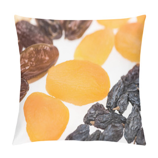 Personality  Close Up View Of Dried Apricots, Raisins And Dates Isolated On White Pillow Covers