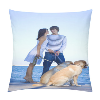 Personality  Young Couple Walking With Dogs Pillow Covers