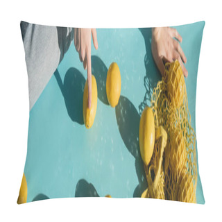 Personality  Cropped View Of Woman Sitting Near String Bag And Ripe Lemons On Blue, Banner  Pillow Covers