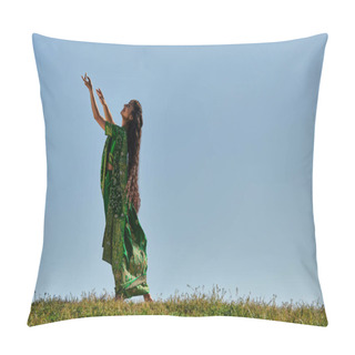 Personality  Summer Day, Indian Woman In Authentic Clothes With Outstretched Hands In Green Field Under Blue Sky Pillow Covers