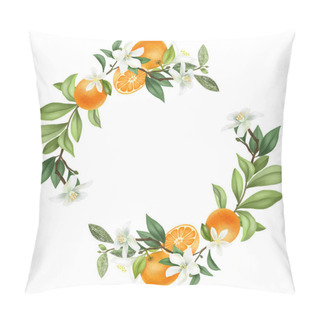Personality  Wreath Of Hand Drawn Blooming Mandarin Tree Branches, Mandarin Flowers And Mandarins, Isolated Illustration On A White Background Pillow Covers