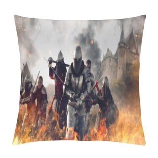Personality  Medieval Knights In Armor And Helmets With Swords And Axes On Battle Field, Great Combat. Armored Ancient Warriors Against The Castle Pillow Covers