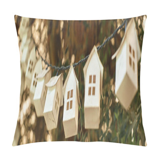 Personality  Banner Of Eco-friendly Garland Made Of Wooden Houses On Green Tree Inside Of Greenhouse Pillow Covers