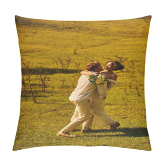 Personality  Redhead Groom Embracing Cheerful Asian Bride With Flowers In Green Field, Rural Celebration Pillow Covers