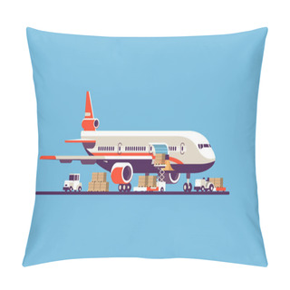 Personality  Transport Airplane Aircraft Express Delivery Preparing Flight Airport Air Cargo International Transportation Concept Forklift Loading Parcel Boxes Blue Background Flat Horizontal Pillow Covers