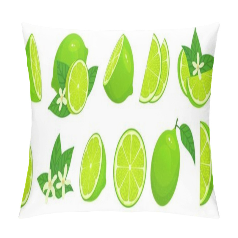Personality  Cartoon Lime. Limes Slices, Green Citrus Fruit With Leaves And Lime Blossom Isolated Vector Illustration Set Pillow Covers