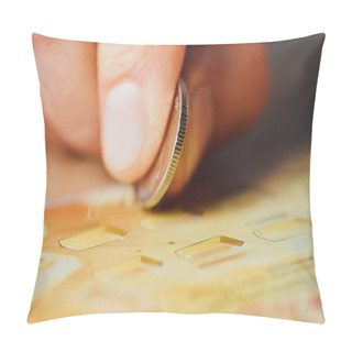 Personality  Close Up View Of Silver Coin In Hand Of Gambler Scratching Lottery Ticket Pillow Covers