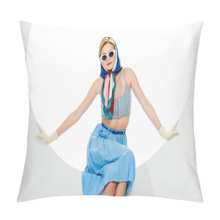 Personality  Stylish Girl In Headscarf, Sunglasses And Gloves Sitting In Circle On White Background  Pillow Covers
