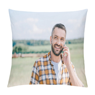 Personality  Smiling Middle Aged Farmer Talking By Smartphone In Field Pillow Covers