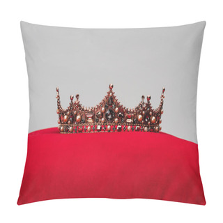 Personality  Luxury Crown On Red Velvet Cushion Isolated On Grey Pillow Covers