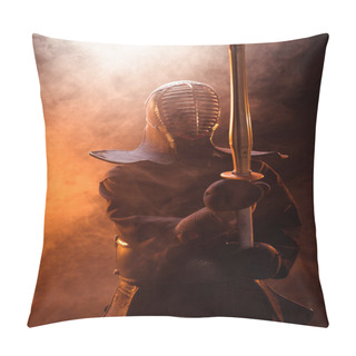 Personality  Kendo Fighter In Armor Holding Bamboo Sword In Smoke Pillow Covers