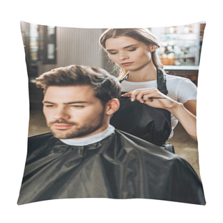 Personality  Young Hairdresser Combing Hair To Handsome Man In Beauty Salon  Pillow Covers