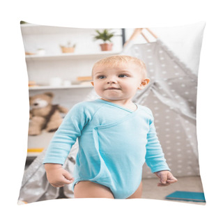Personality  Cute Toddler Boy In Blue Bodysuit Standing Near Grey Wigwam In Nursery Room Pillow Covers