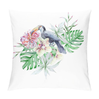 Personality  Tropical Set With Birds Leaves And Flowers. Peony. Tucan.  Monstera. Orchid.   Watercolor Illustration. Pillow Covers