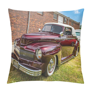 Personality  Des Moines, IA - July 02, 2022: High Perspective Front Corner View Of A 1946 Ford Super Deluxe Custom Convertible At A Local Car Show. Pillow Covers