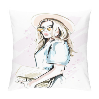 Personality  Beautiful Young Woman In Hat. Fashion Lady In Sunglasses. Stylish Woman Portrait. Sketch. Vector Illustration.  Pillow Covers