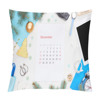 Personality  December Calendar Page, Digital Camera, Chrismas Baubles, Fir Branch, Wristwatch, Blue Paper, Wooden Block With December Inscription, Isolated On White Pillow Covers