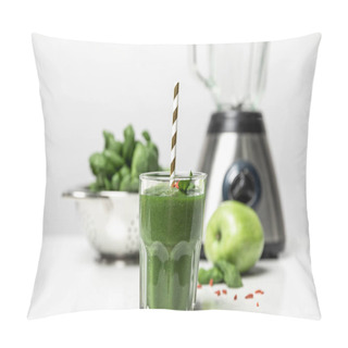 Personality  Selective Focus Of Tasty Smoothie In Glass With Straw Near Fresh Spinach Leaves, Apple And Blender On White  Pillow Covers