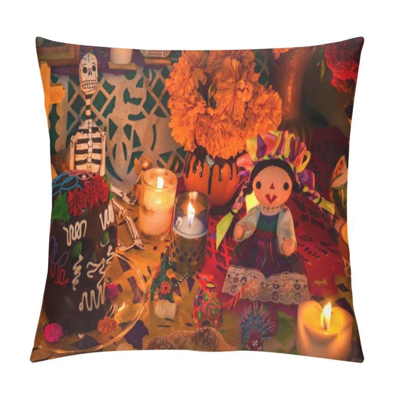 Personality  Mexican day of the dead altar at night in dim candlelight pillow covers