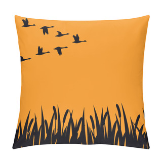 Personality  Flock Of Canadian Geese In Flight Over Marsh In Silhouette Pillow Covers
