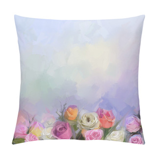 Personality  Still Life A Bouquet Of Flowers. Oil Painting White, Red And Yellow Roses Flowers Pillow Covers
