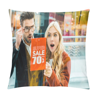 Personality  Beautiful Excited Couple Of Shopaholics Looking At Super Sale With 70 Percents Discount In Shopping Center Pillow Covers
