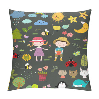 Personality  Set Of Hand Drawn Vector Nature Set. Cute Kids With Nature Icons Set In Hand Drawn Illustration. Pillow Covers