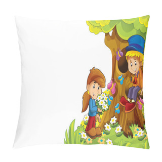 Personality  Cartoon Autumn Nature Background With Kids Having Fun With Space For Text - Illustration For Children Pillow Covers