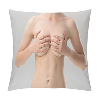 Personality  Partial View Of Sexy Naked Girl Covering Breast Isolated On Grey Pillow Covers