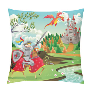 Personality  Panorama With Medieval Castle, Dragon And Knight. Pillow Covers