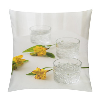 Personality  Crystal Glasses With Water Near Yellow Alstroemeria Flowers On White Tabletop And Blurred Background  Pillow Covers