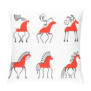 Personality  Set Of Six Red Horses. National Northen Paintings. Folk Handicrafts. Enchanting Original Ornaments. Simplicity Pillow Covers