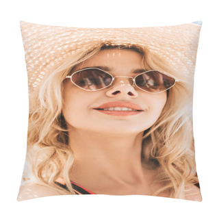 Personality  Portrait Of Beautiful Smiling Young Blonde Woman In Sunglasses And Wicker Hat Pillow Covers