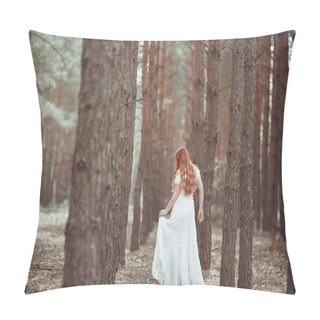 Personality  Ginger Girl In White Dress Walking In Pine Forest. Pillow Covers