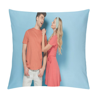 Personality  Blonde Woman In Elegant Dress And Handsome Man Talking And Looking At Each Other  Pillow Covers