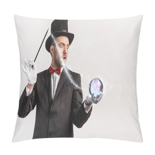 Personality  Shocked Magician Holding Wand And Magic Ball Isolated On Grey With Glowing Illustration Pillow Covers