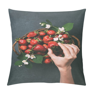 Personality  Cropped Shot Of Human Hand And Fresh Ripe Strawberries In Basket Pillow Covers