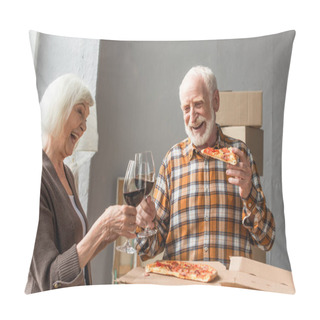 Personality  Laughing Senior Man Holding Piece Of Pizza And Clinking Glasses Of Wine With Wife In New House Pillow Covers