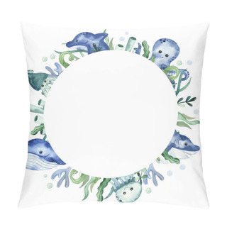 Personality  Sea Creatures, Fish, Algae And Corals. Watercolor Hand Drawn Round Frame Pillow Covers