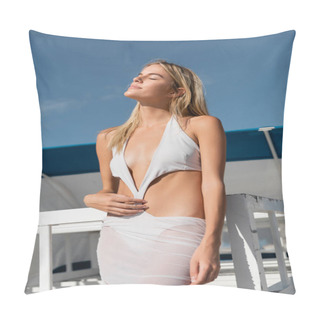 Personality  A Young, Blonde Woman In A Flowing White Dress Stands Gracefully On A Boat, Surrounded By The Tranquil Waters Of Miami Beach. Pillow Covers