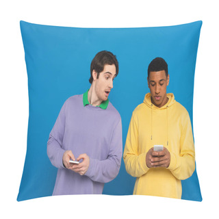 Personality  Curious Hipster Peeking At Smartphone Of African American Man Friend Isolated On Blue Pillow Covers