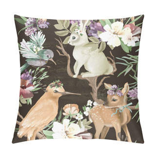 Personality  Vintage Enchanted Forest Animals And Birds With Flowers, Old Wood Branches And Bows Seamless, Tileable Pattern. Pillow Covers