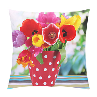 Personality  Beautiful Tulips In Bouquet On Table On Bright Background Pillow Covers